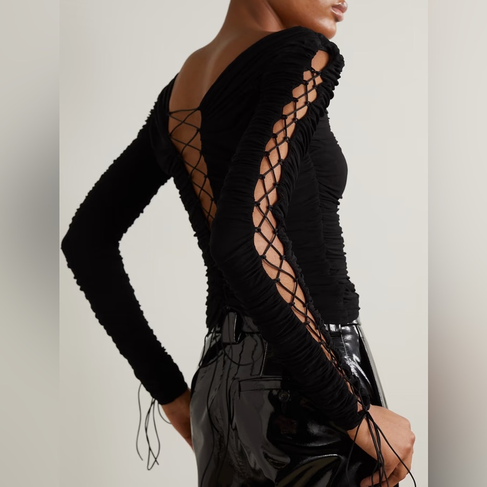 INTERIOR Kit ruched lace up stretch jersey top in black - Picture 6 of 6